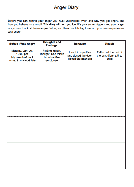Anger Diary Worksheet Therapist Aid Therapy Worksheets Child