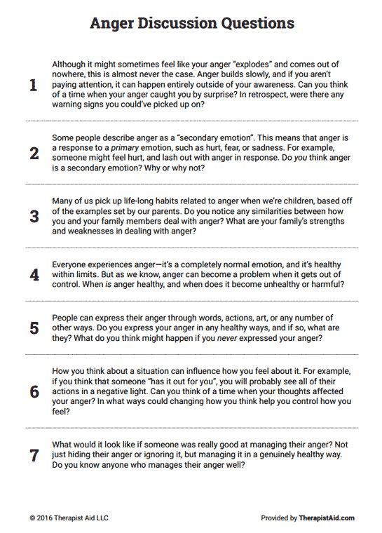 Anger Discussion Questions Worksheet Therapist Aid Anger