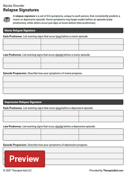 Bipolar Disorder Relapse Signatures Worksheet Therapist Aid