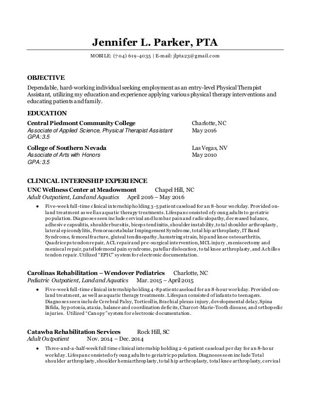 Jennifer Parker Entry Level PTA Resume Physical Therapist Assistant 
