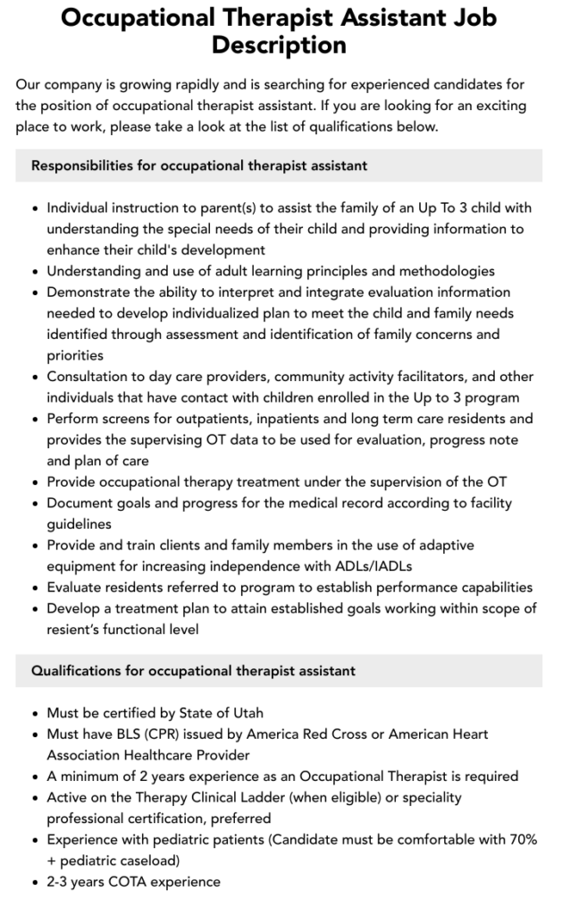 Occupational Therapist Assistant Job Description Velvet Jobs