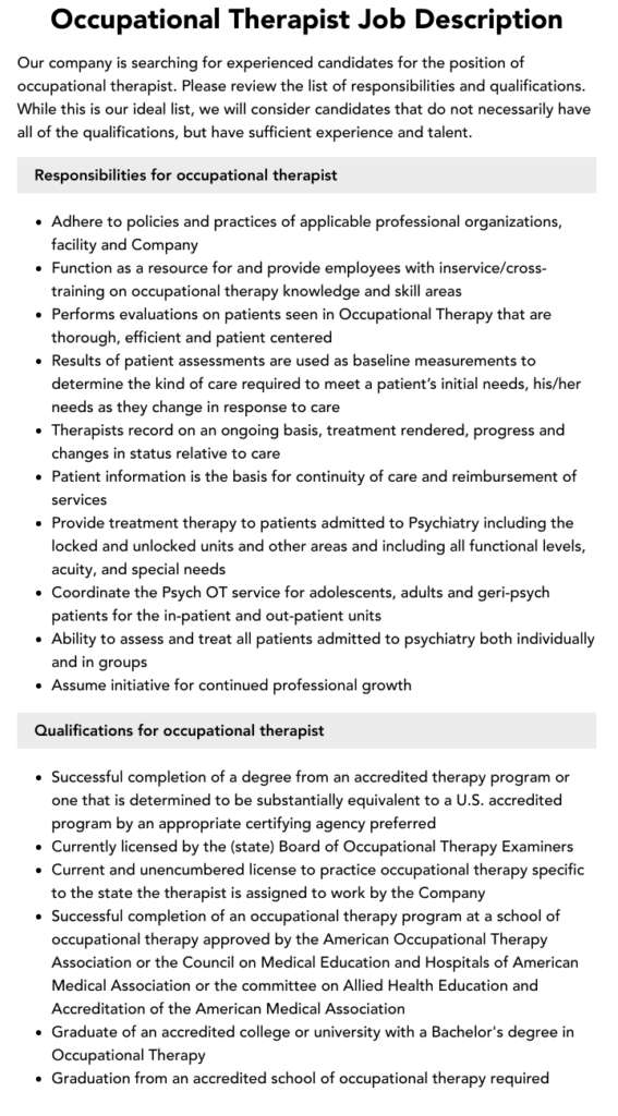 Occupational Therapist Job Description Velvet Jobs