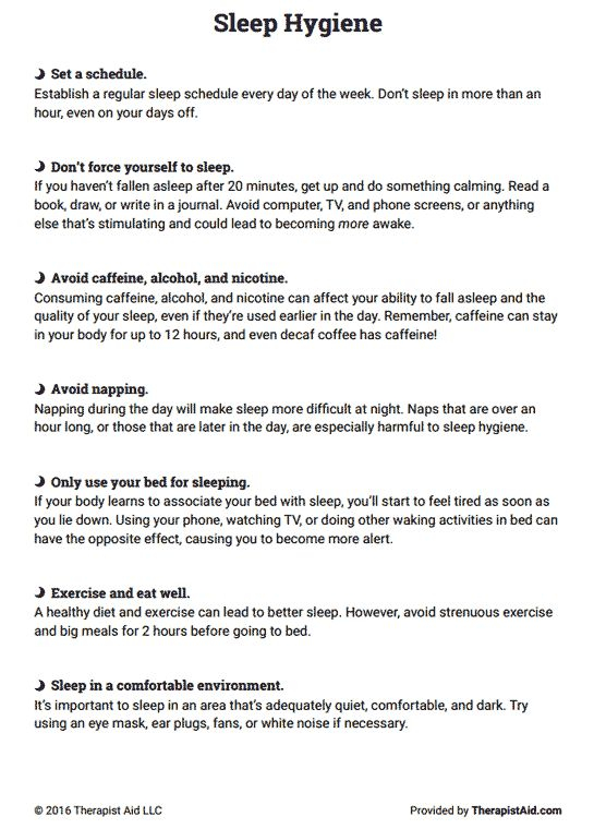 Sleep Hygiene Handout Worksheet Therapist Aid Sleep Therapy 