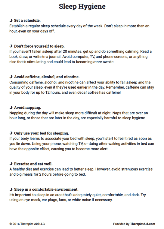 Sleep Hygiene Handout Worksheet Therapist Aid