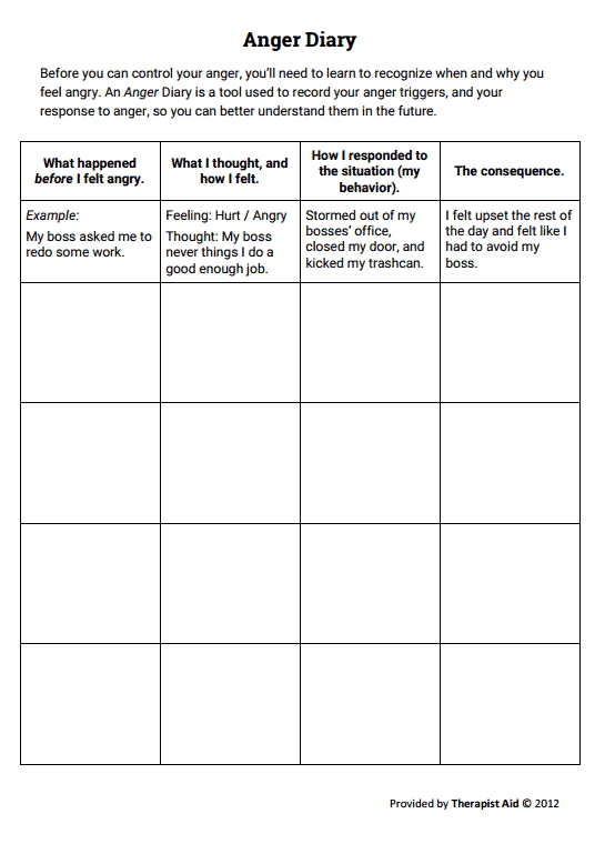 Anger Diary Worksheet Therapist Aid Anger Management Skills 