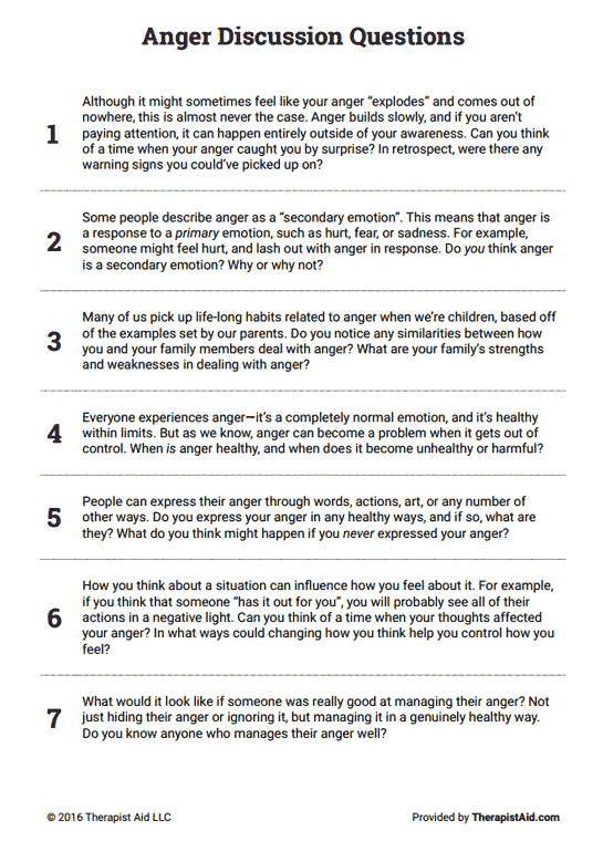 Anger Discussion Questions Worksheet Therapist Aid Anger 