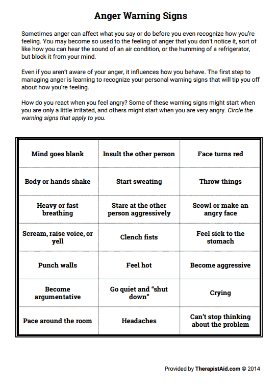 Anger Warning Signs Worksheet Therapist Aid