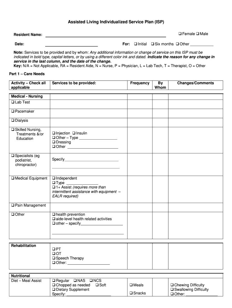 Assisted Living Individualized Service Plan ISP Fill And Sign