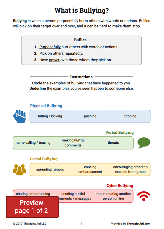 Bullying Worksheet Packet Worksheet Therapist Aid Bullying 