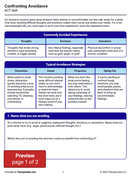 Confronting Avoidance ACT Skill Worksheet Therapist Aid