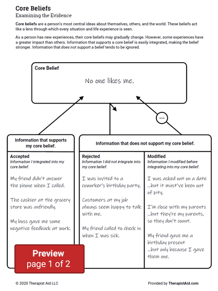 Core Beliefs Examining The Evidence Worksheet Therapist Aid
