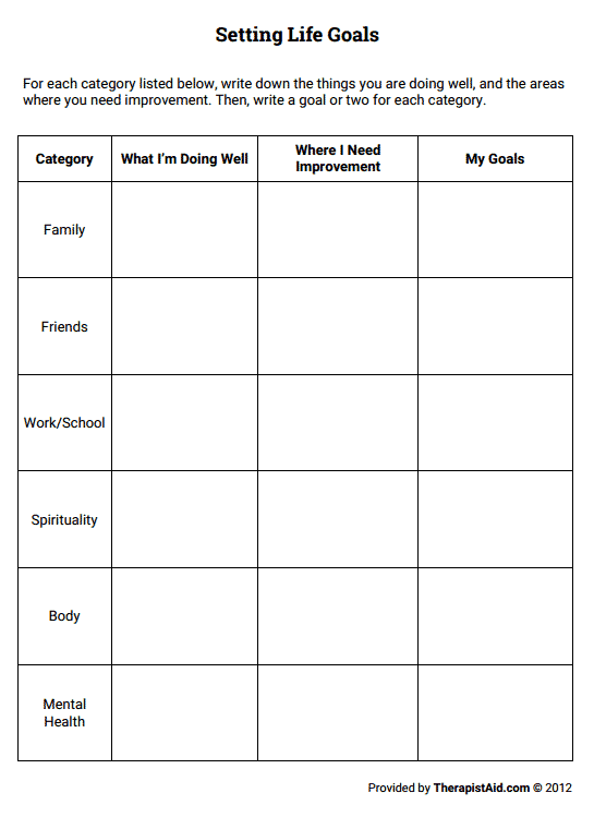 Goal Setting Worksheet Therapist Aid Worksheet