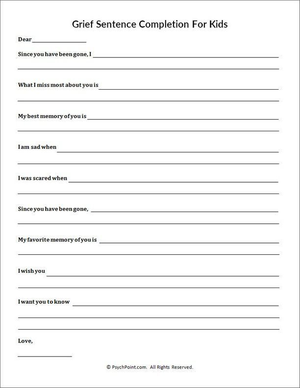 Grief Sentence Completion For Kids Worksheet Grief Activities Grief 