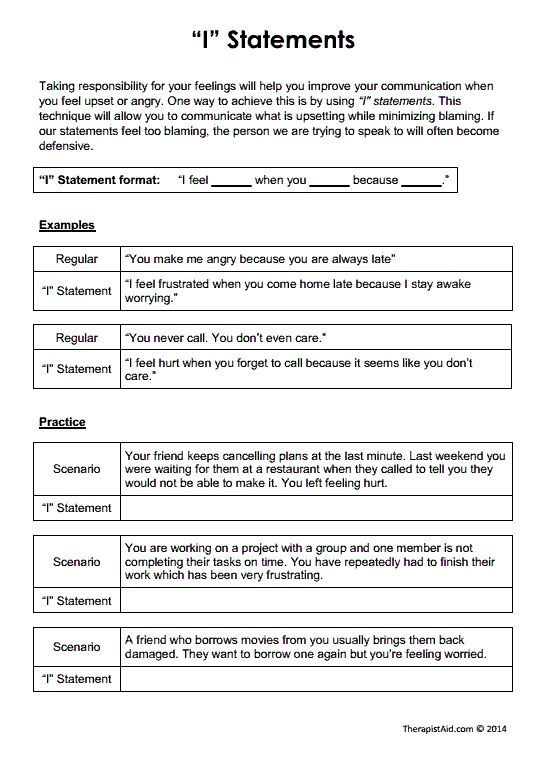 I Statements Worksheet Therapist Aid Therapy Worksheets