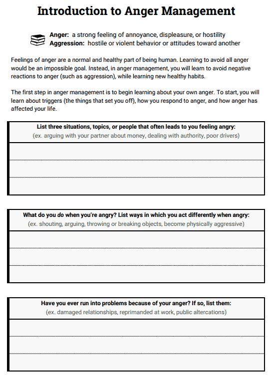 Introduction To Anger Management Worksheet Therapist Aid Anger